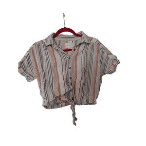 American Eagle Striped Button-Up Tie-Front Crop Shirt XS